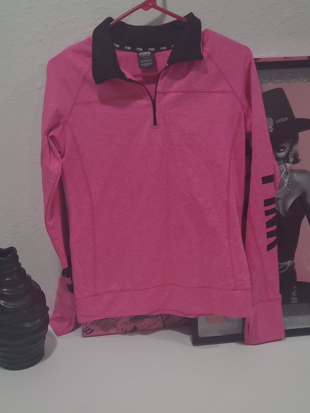 PINK Victoria's Secret Hot Pink Quarter-Zip Pullover with Black Collar